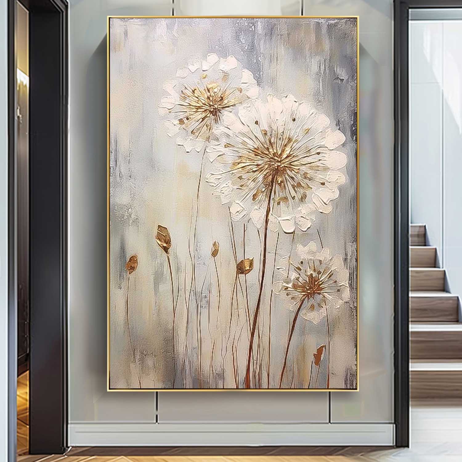 Wall Art Impasto White Golden Dandelion