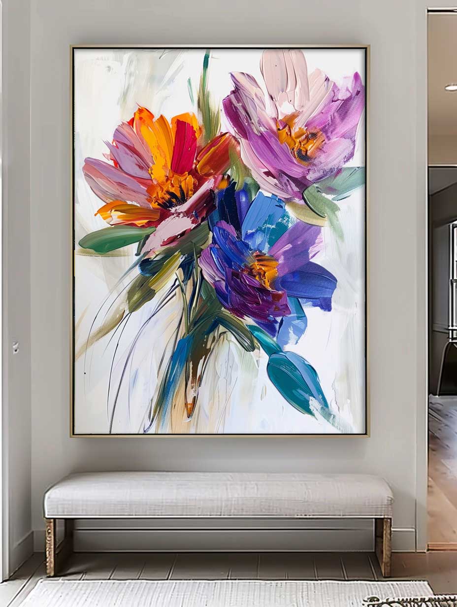 Vibrant Multicolor Floral Bouquet Impasto Canvas Wall Art