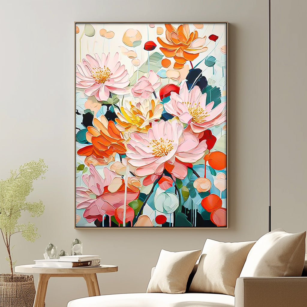Vibrant Pink Orange Lotus Floral Impasto Canvas Wall Art