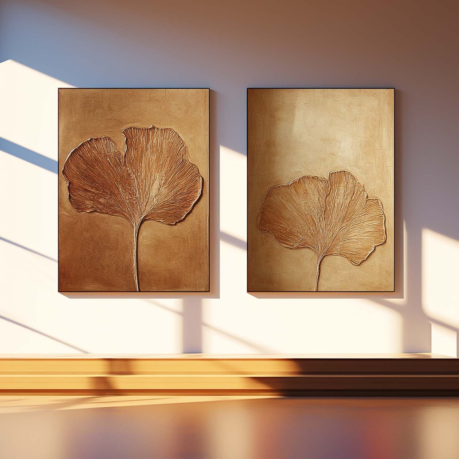 Textured Ginkgo Leaf Diptych Painting Luxurious
