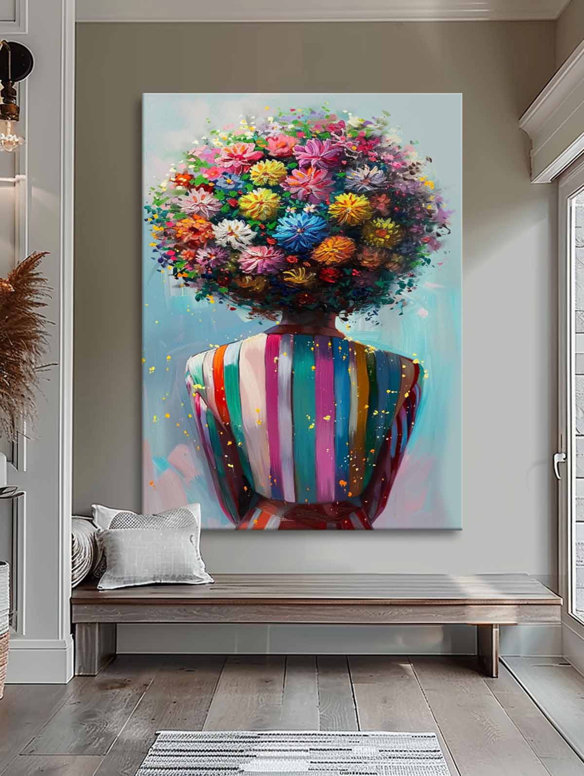 Multihued Blooms Hair Abstract Lady Wall Art