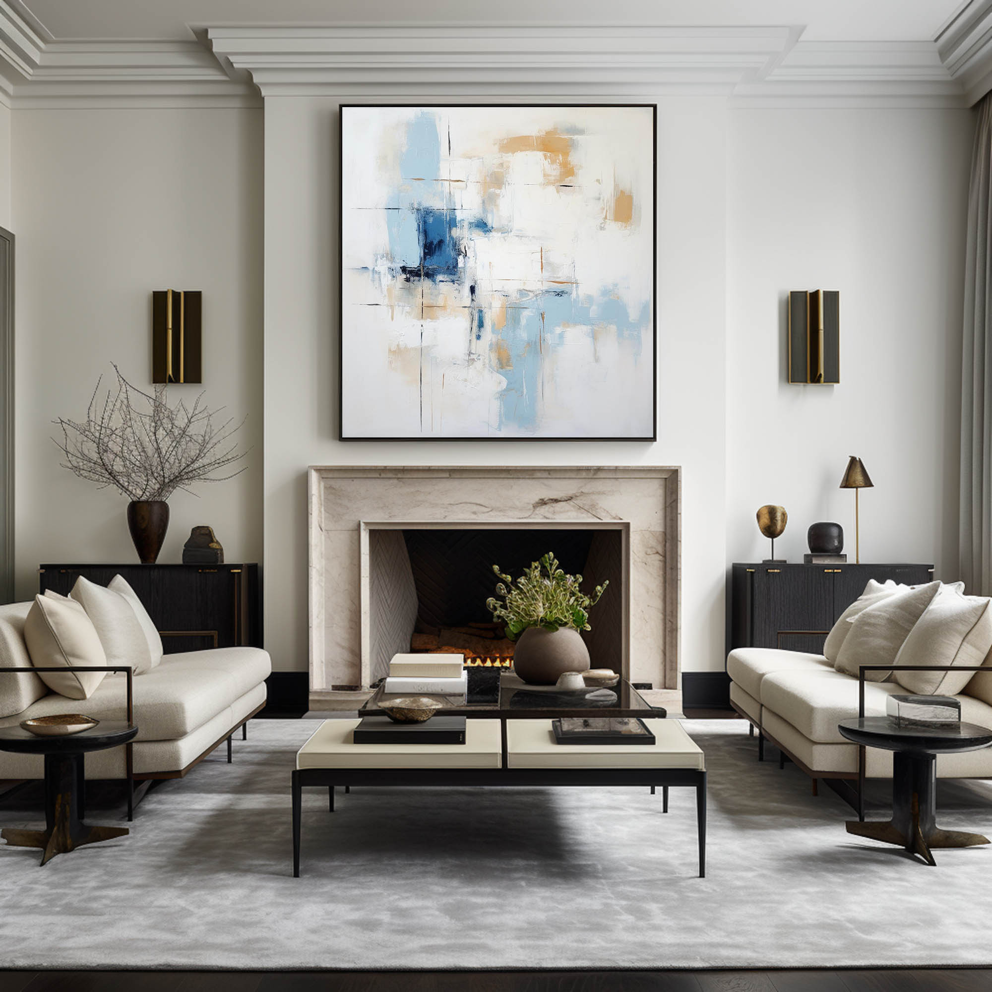 Soft Blue Gold Block Abstract Canvas Wall Art