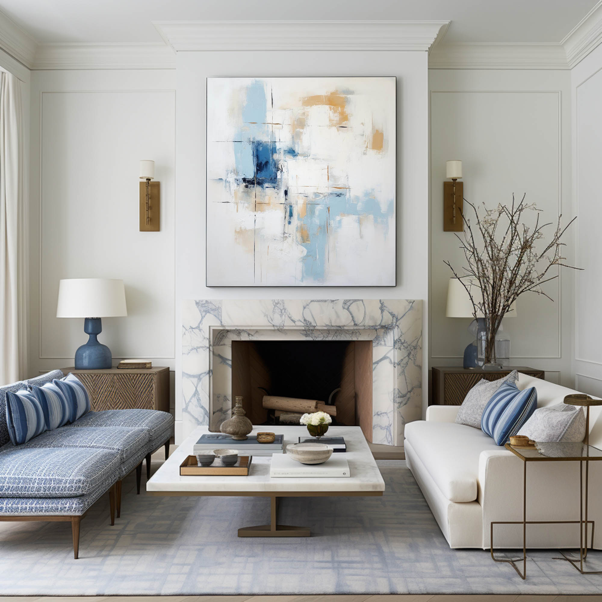 Soft Blue Gold Block Abstract Canvas Wall Art