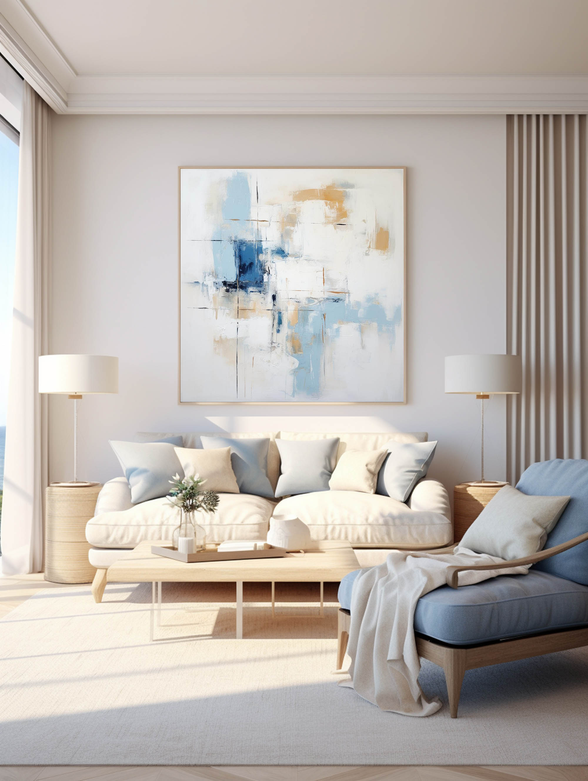 Soft Blue Gold Block Abstract Canvas Wall Art