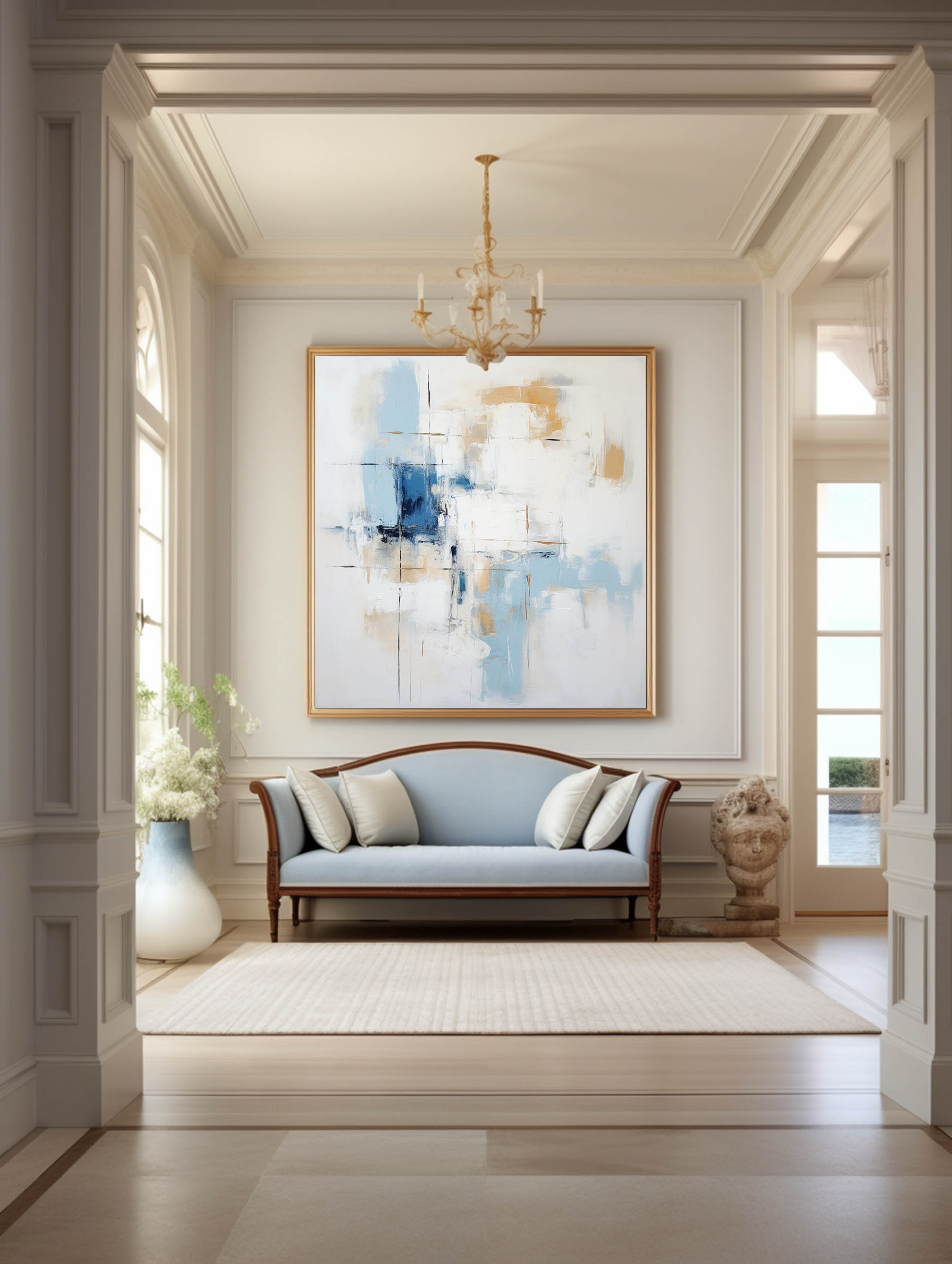 Soft Blue Gold Block Abstract Canvas Wall Art